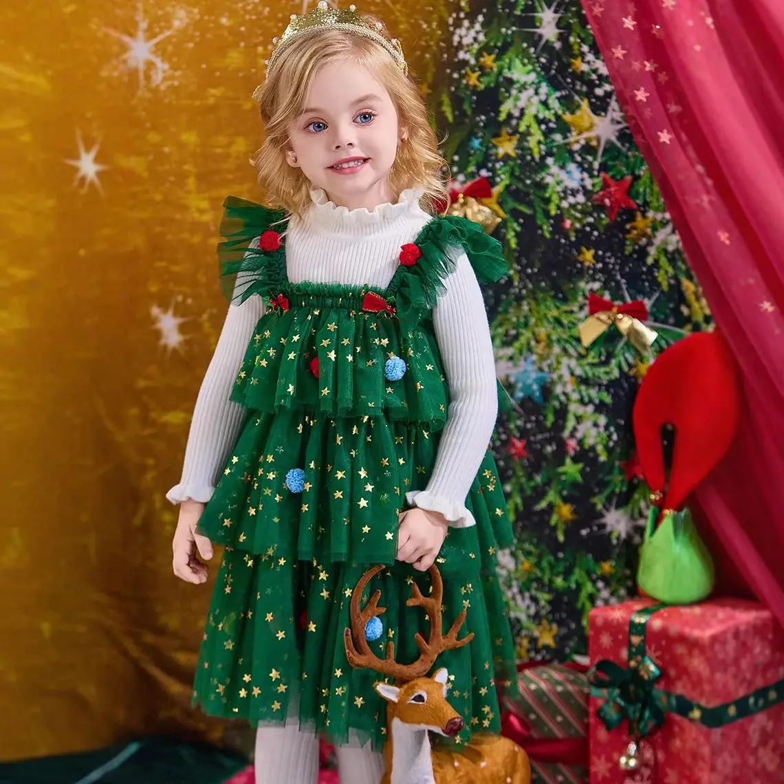

Kids Girls Christmas Green Dress Sleeveless Layered Star Sequins Tulle Dress For Children Xmas Clothes Party Banquet Prom Gown