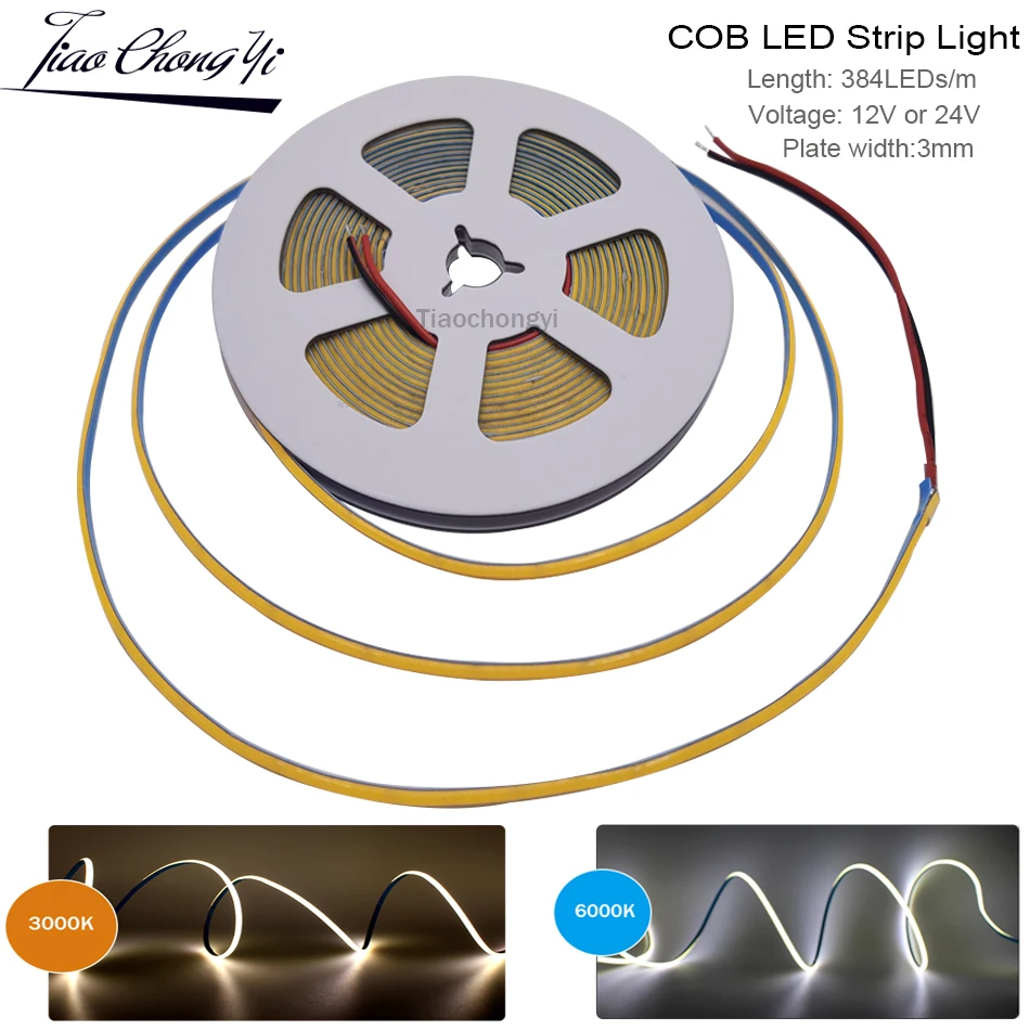 

3mm width 384LEDs/m Flexible COB LED Strip Light High Density FOB Light Linear Ribbon 3000K 4000K 6000K RA90 12V 24V led Tape