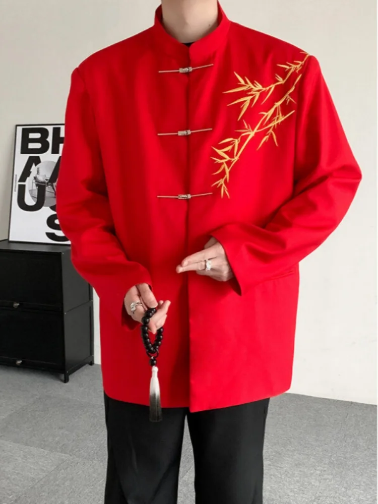 

Красный новый китайский мужской костюм-пиджак для свадьбы и повседневной носки, весна-осень, с вышивкой, не требует глажки, из полиэфирного волокна