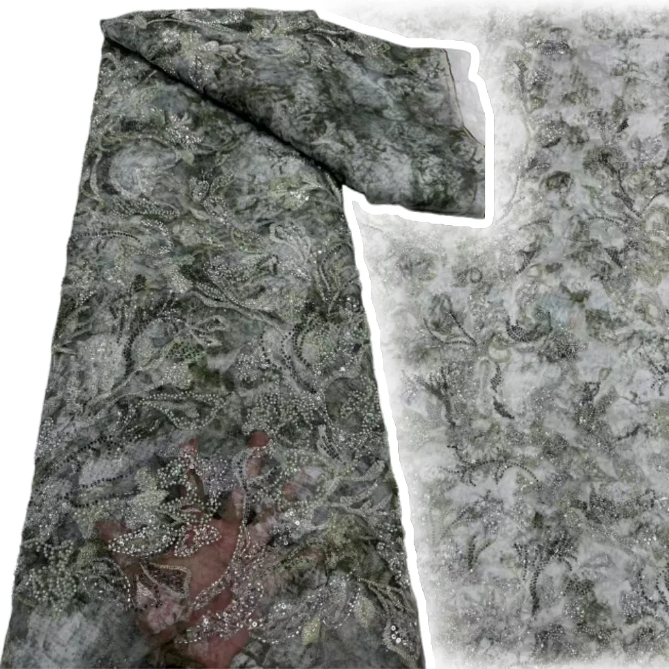 

2025 Latest High-end Luxury French Embroidery Beads Lace Fabric African Nigerian Sequins Tulle Lace Fabric Wedding Dress CC1728