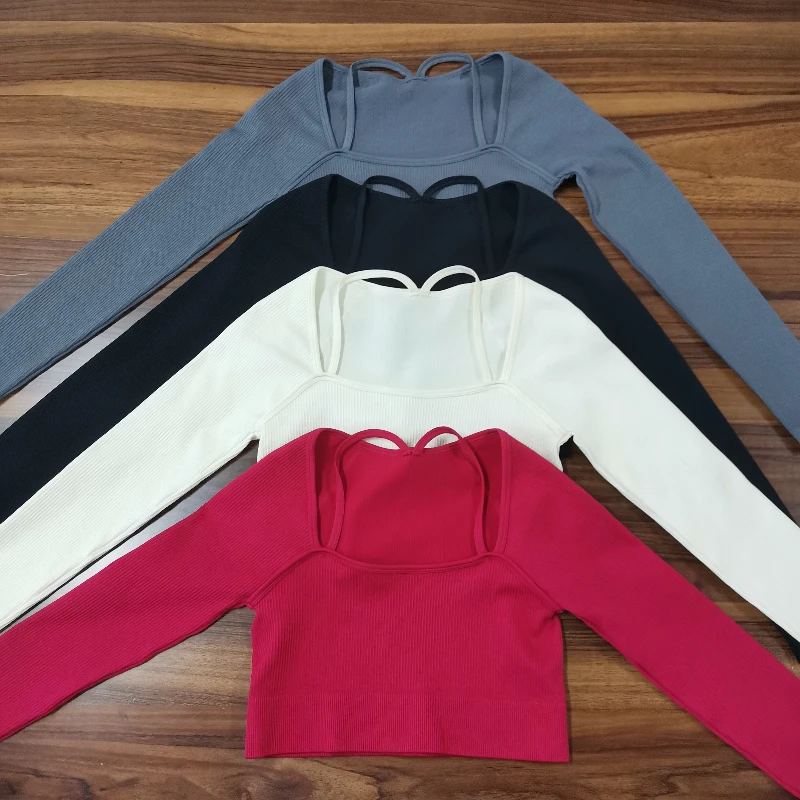 

1 шт. бесшовный укороченный топ в рубчик, женская спортивная футболка с длинным рукавом для бега, фитнеса, тонких йоги, повседневные топы, быстросохнущая одежда для спортзала, йоги
