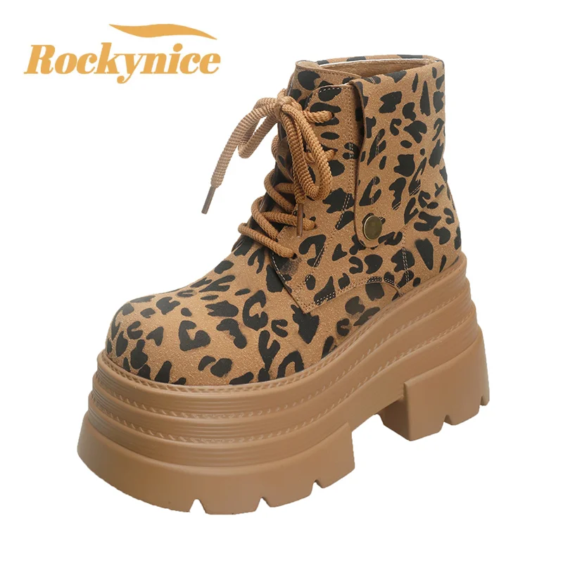 

Leopard Platform Women Ankle Boots 10CM High Heels Winter Suede Warm Fur Snow Shoes 2025 Trend Woman Autumn Lace Up Botas Mujer