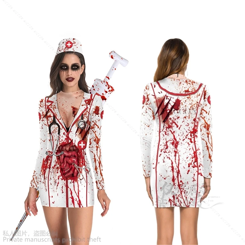 Uniforme de enfermera de sangre de terror para Halloween, disfraces de Cosplay, vestido Sexy para mujer, falda Lolita Ainme, traje de fiesta de Carnaval y mascarada