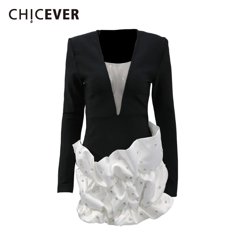 

CHICEVER Hit Color Slimming Spliced Folds Dresses for Women Deep Neck Long Sleeves Patchwork Diamonds Formal Mini Dress Female