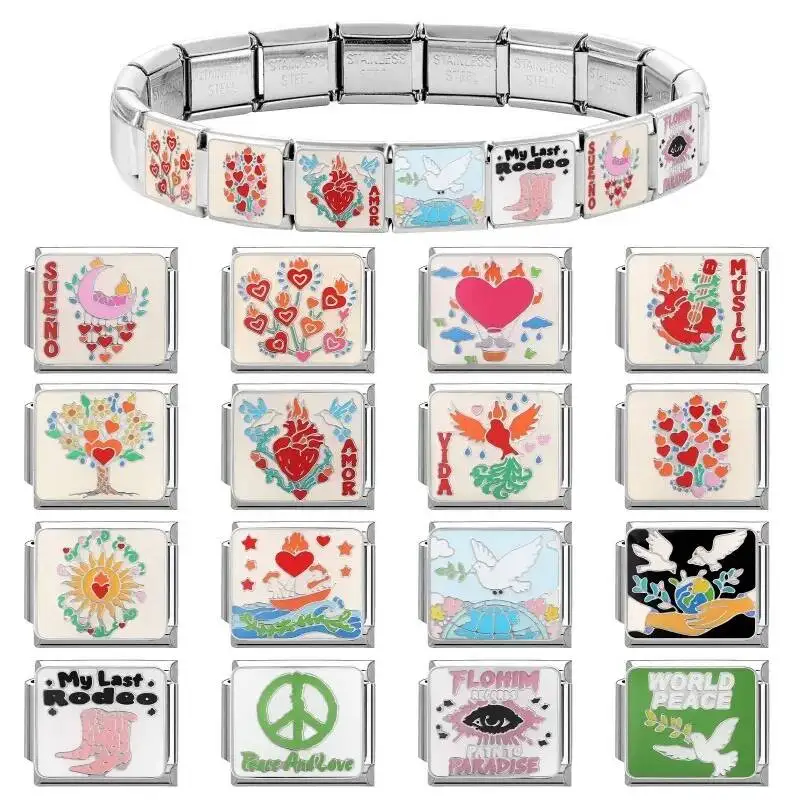 New Original Beautiful Red Love Heart Bouquets Peace Dove Italian Charm Link Fit 9Mm Stainless Steel Jewelry DIY Making Bracelet