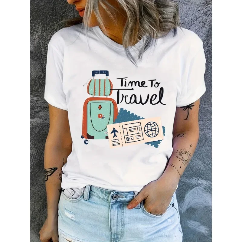 Travel Pattern Printed T-shirt, Spring/summer Casual Round Neck Short Sleeved Top Women's Clothing, Fashionable Painted Clothing