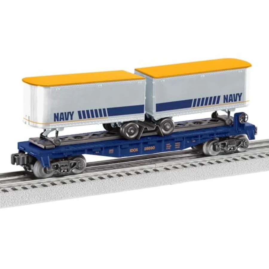 

US Navy O Gauge model train flatcar for military transport simulation, die-cast metal body, navy blue finish, realistic detaili