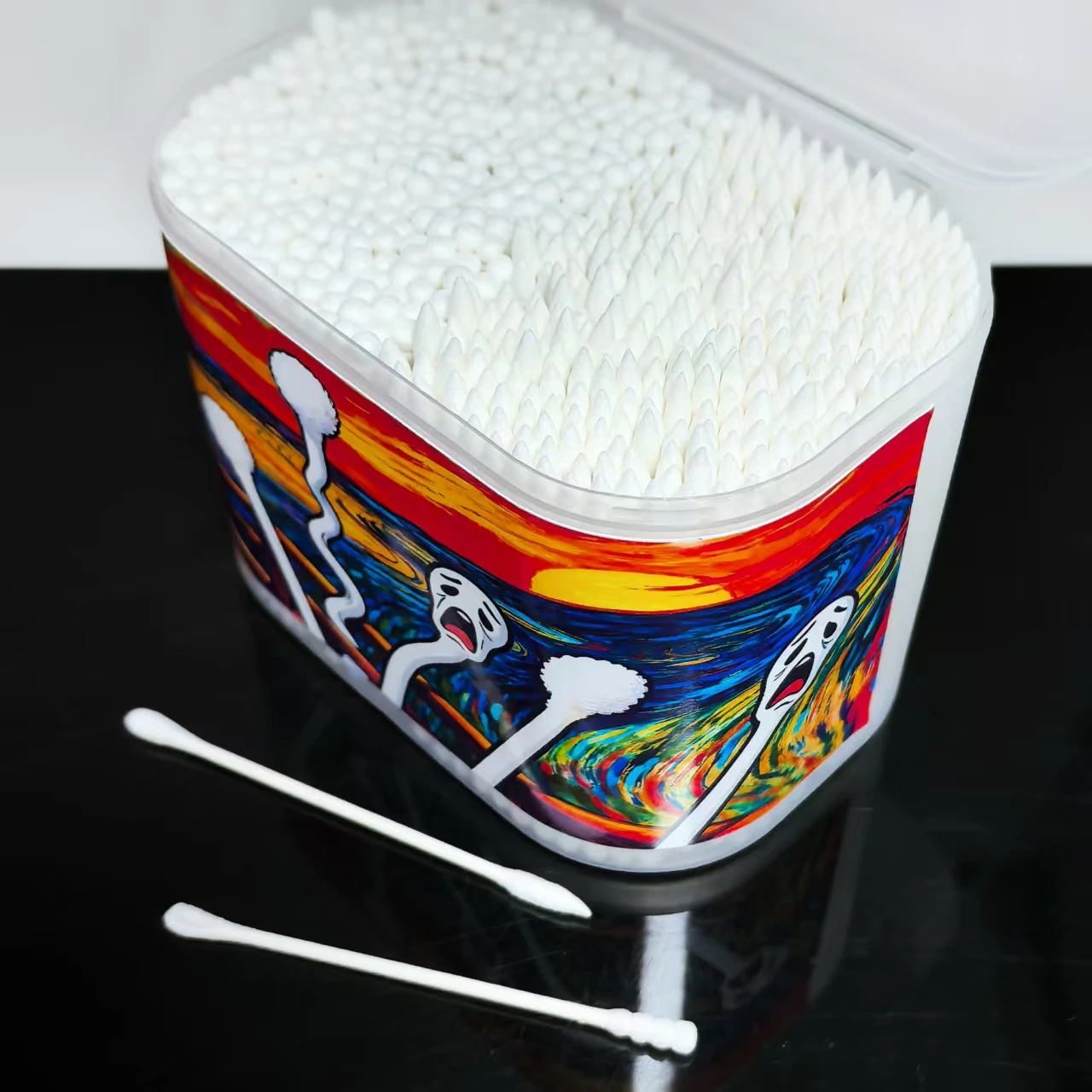 600 Stück doppelköpfige Wattestäbchen im Ölgemälde-Stil, Wattestäbchen mit kreativem Muster, Wattestäbchen mit feinem Schaft und Ohrlöffel