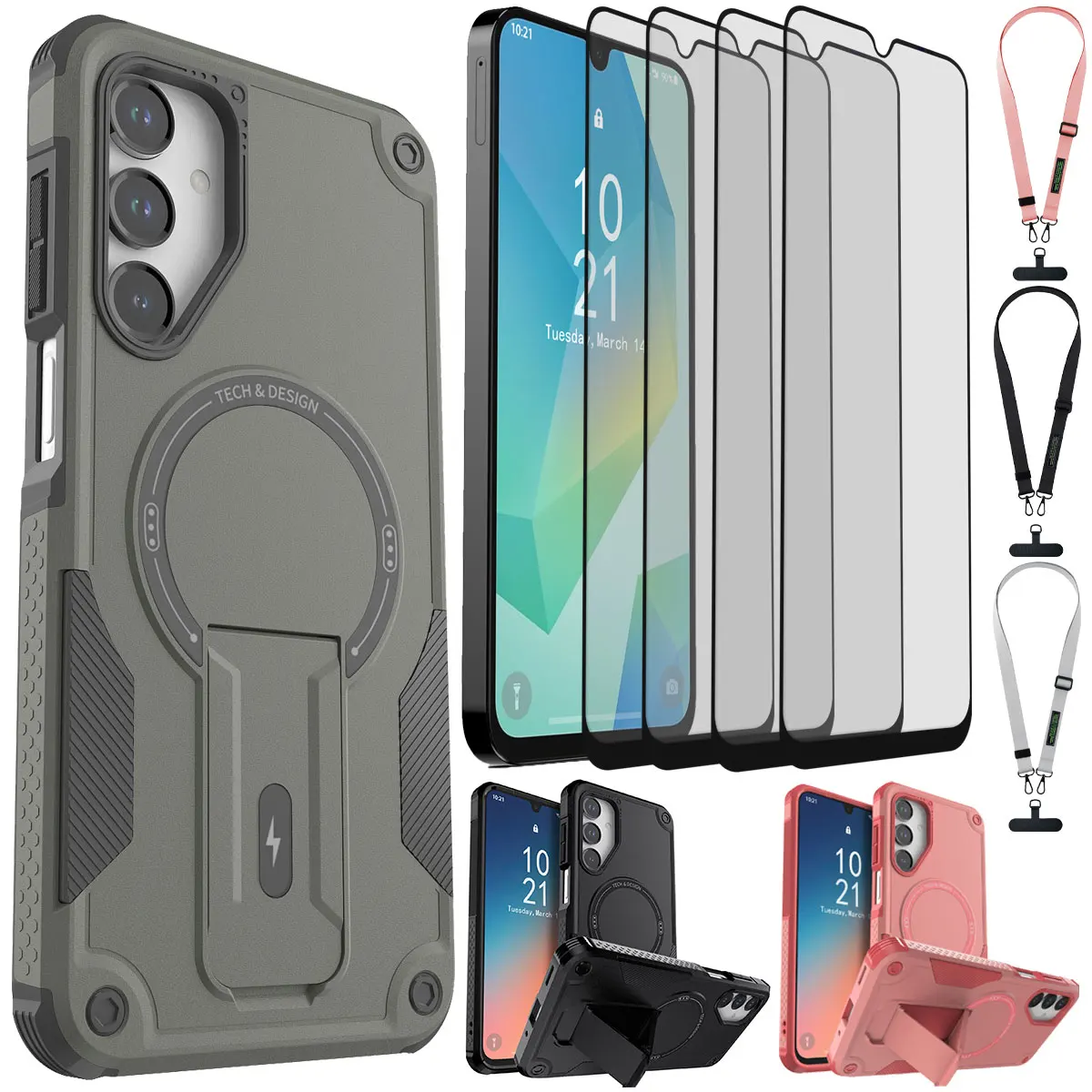 

For Samsung Galaxy A16 5G Rugged Case Shockproof Kickstand Holder Cover And 4pcs Full Coverage Tempered Glass Screen Protectors