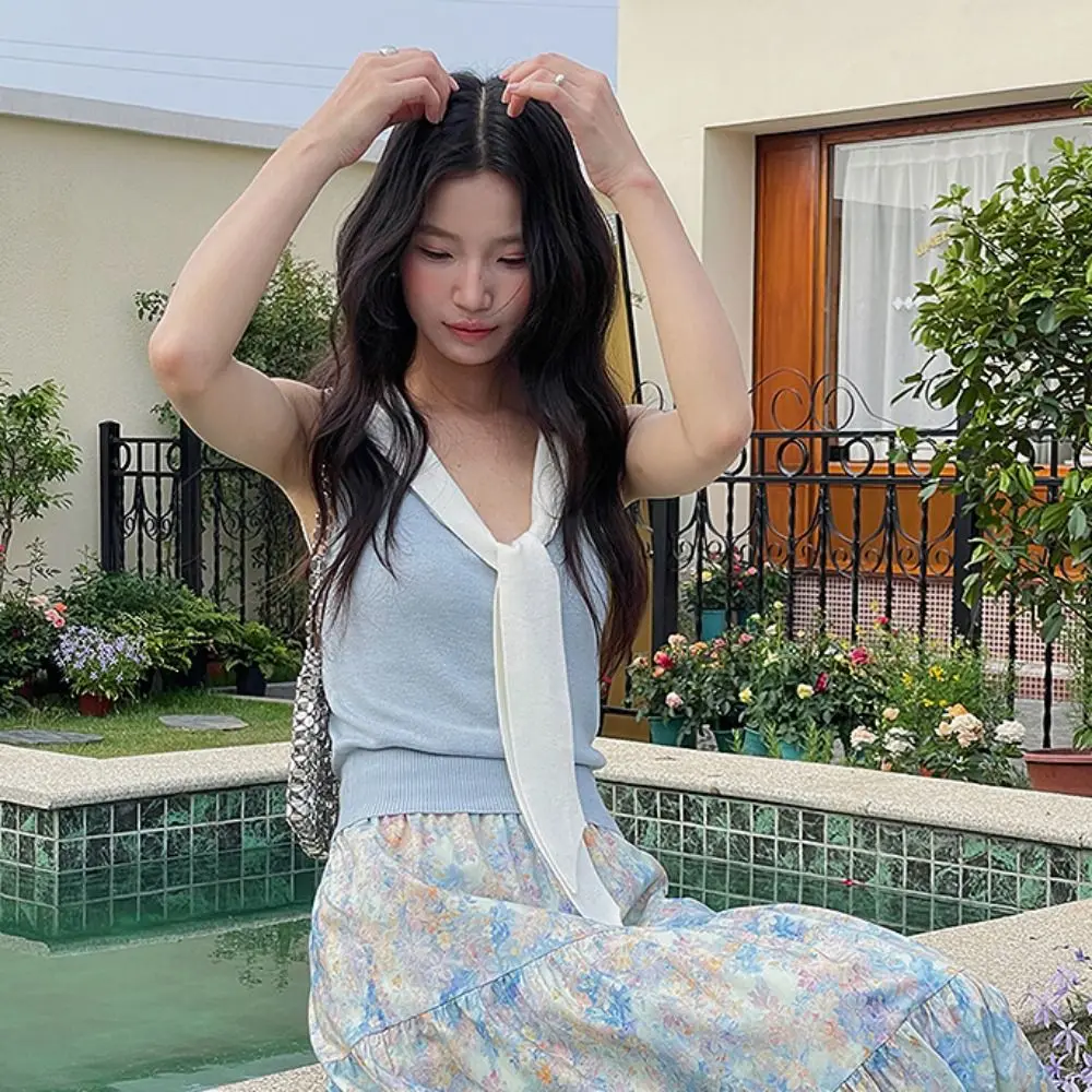 甘いパッチワークノースリーブ Tシャツスパイシーガールスタイルニット夏スリムクロップトップスレースアップシンプルな女性のレースアップベストレディースガールズ