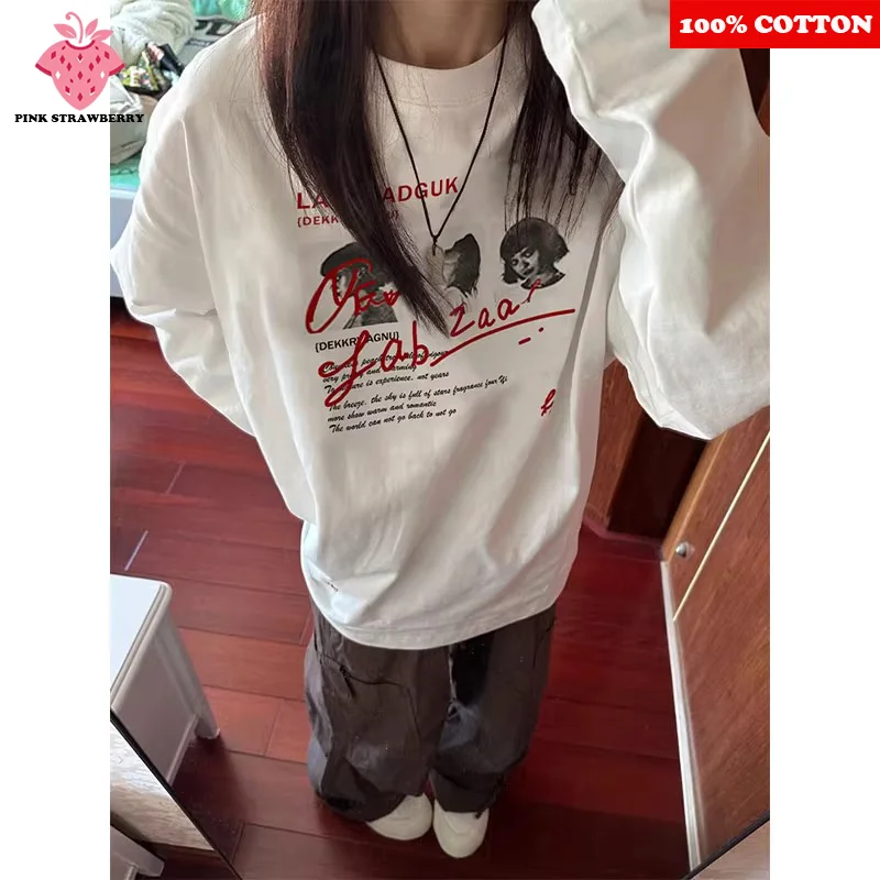 

American Retro Letter Print T-shirt Women Autumn 2025 New 100% Cotton Casual White Long sleeves T-shirt Y2k Tops Female clothing