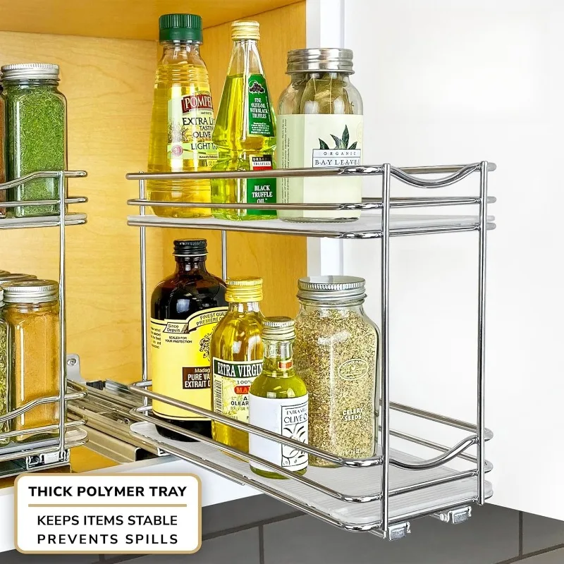 

Pull Out Spice Rack Organizer for Inside Kitchen Cabinets - 4-3/8 inch Wide - Slide Out Drawer–Chrome Sliding Spice Organization