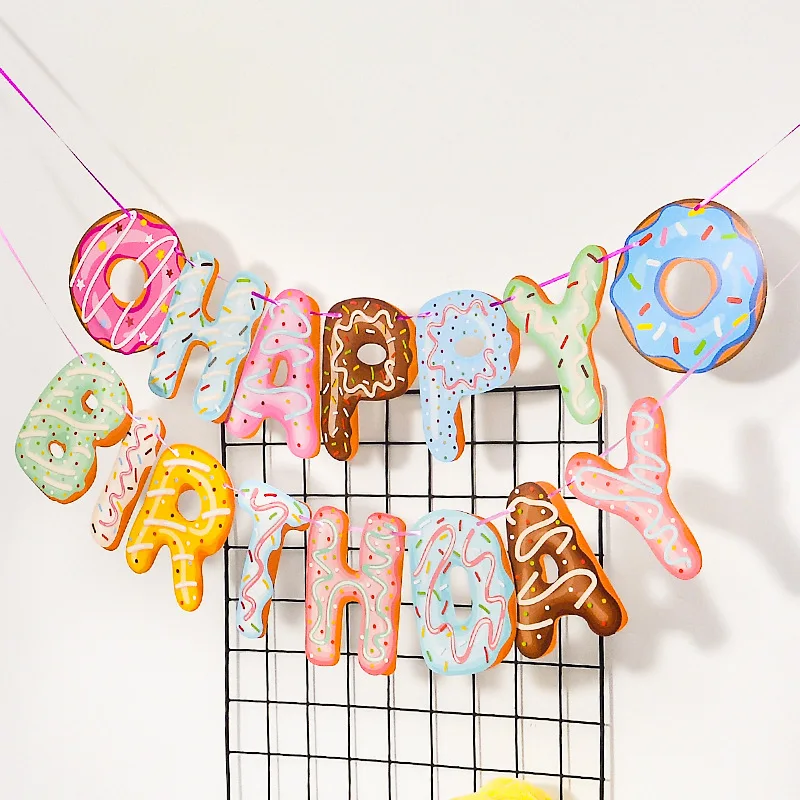 Donut Happy Birthday Paper Banner Donut Garland Bunting Banner for Donut Grow Up Birthday Party Baby Shower Decorations Supplies