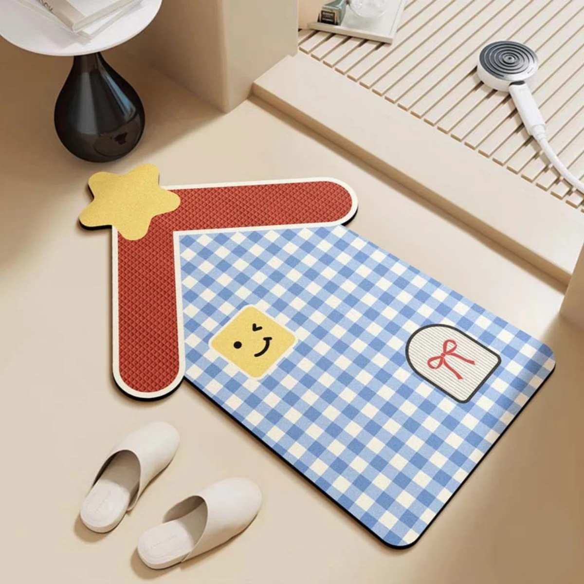 Creative L-Shaped Decor Rug Plaid Print Floor Mat Minimalist Aesthetic Home Accent for Shower Room Doorway