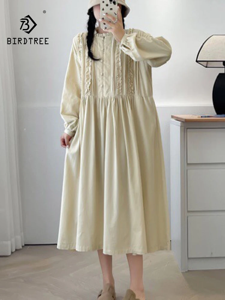 New Summer Cotton Long Sleeve Dresses, Woman O Neck Ruffles Solid, Mori Girl Casual Vintage Loose Dress, 2024 Autumn D47844QC