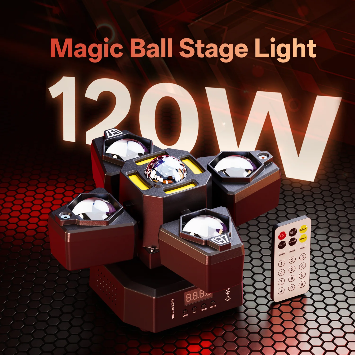 DayFlicker 120W RGBW 4-Arm Beam Magic Ball Stage Light - Remote, Sound-Activated DMX512  Master/Slave Modes for Club Bar Party