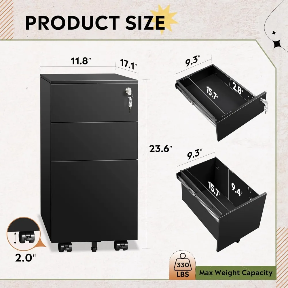 خزانة ملفات معدنية ذات 3 أدراج مع قفل، خزانة ملفات رفيعة تحت المكتب للاستخدام المنزلي والمكاتب #3