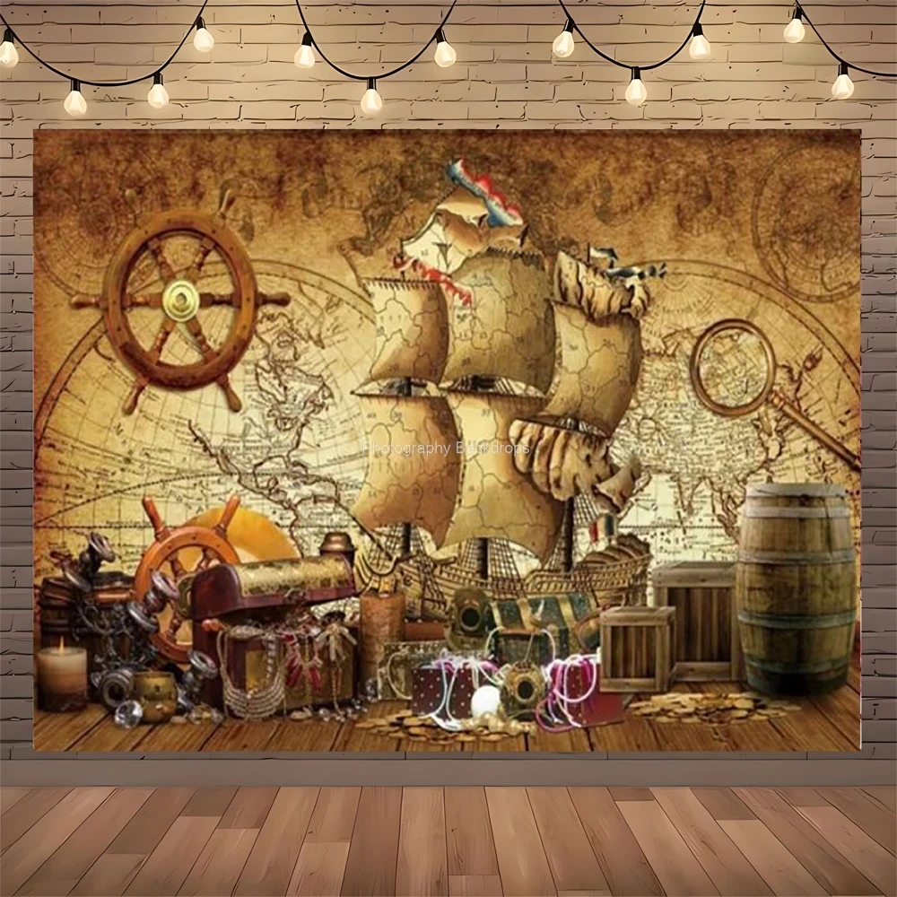 레트로 해적 보물지도 배경, 해상 섬 배경, 생일 파티, 신생아 소년 초상화 사진 소품