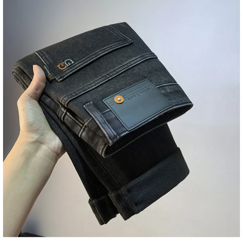 Men's Winter New Arrival Thicken Warm Distressed Slim Fit Small Wide Leg Black Light Luxury Pants