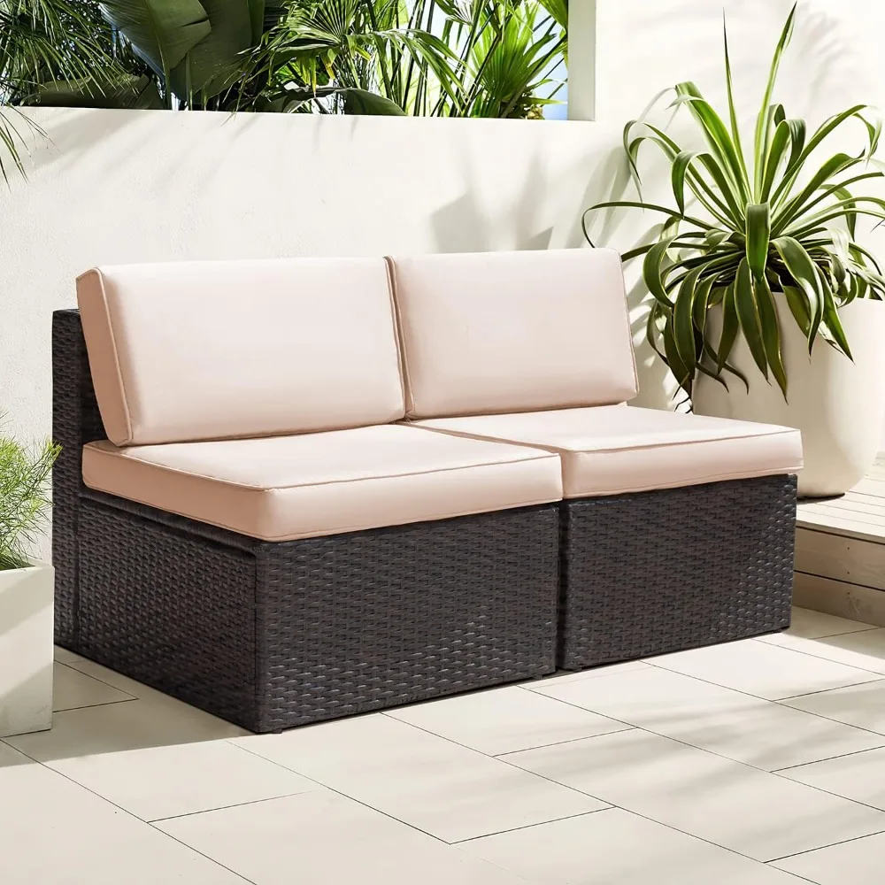 Set Furnitur Teras Luar Ruangan 2 Bagian, Sofa Seksional Loveseat Rotan PE Tahan Cuaca dengan Bantal untuk Halaman