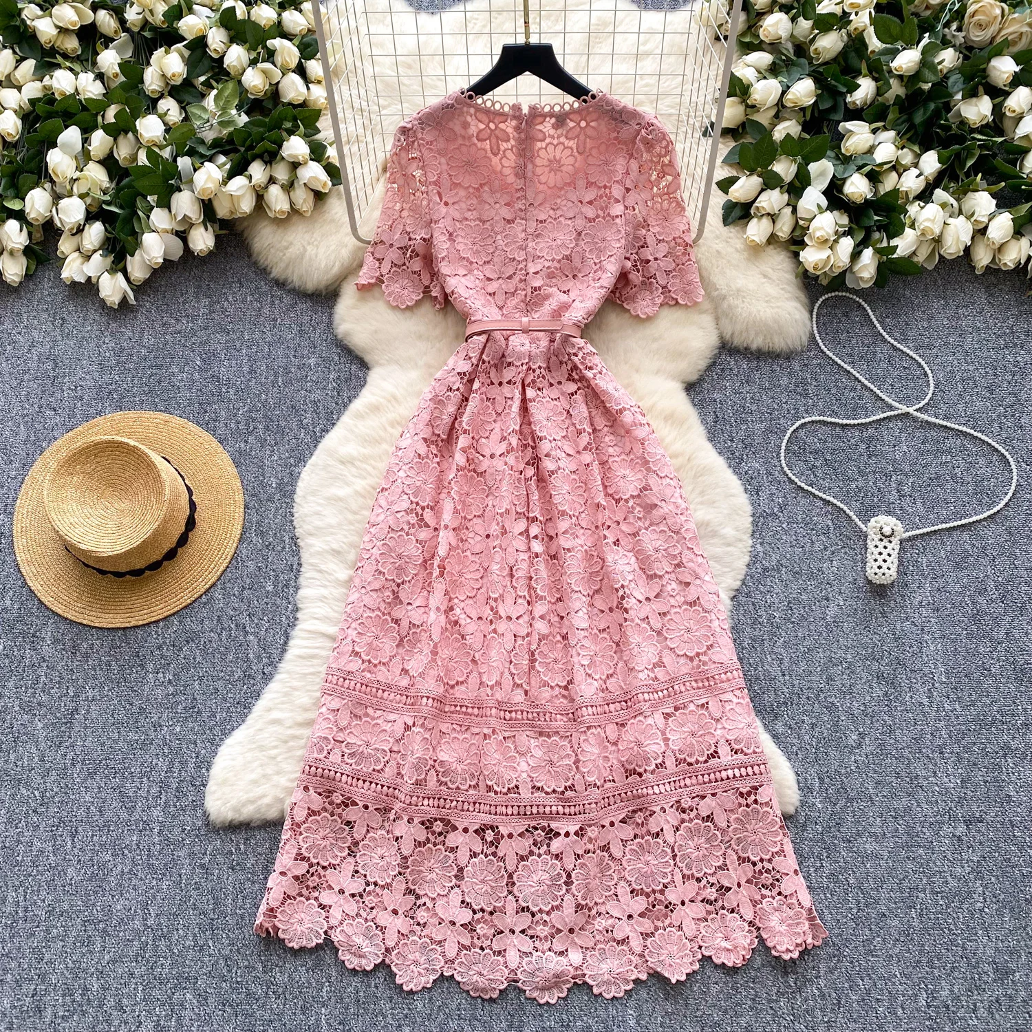 Elegant Flower Embroidery Water Soluble Lace Wedding Dress Women's Short Sleeve Crystal Belt Hollow Out Prom Evening Vestidos