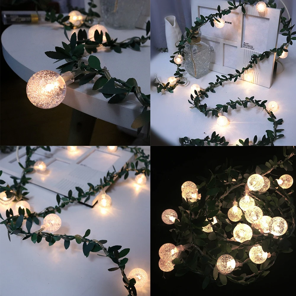 LED Crystal Ball Green Leaf String Lights Artificial Vine Fairy Lights Battery Powered Christmas Tree Garland Light for Weeding