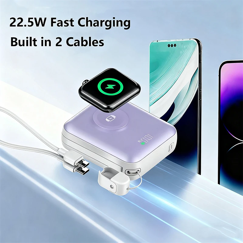 

Power Bank with USB C Cable 22.5W Fast Charging for iPhone 16 Samsung Xiaomi Magnetic Wireless Charger for iWatch Apple Watch 10