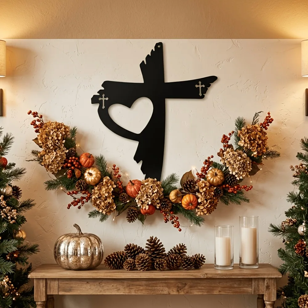 CIFBUY Black Metal Cross Wall Art Heart Cutout Christian Silhouette Hanging Decor for Living Room Home Ornament