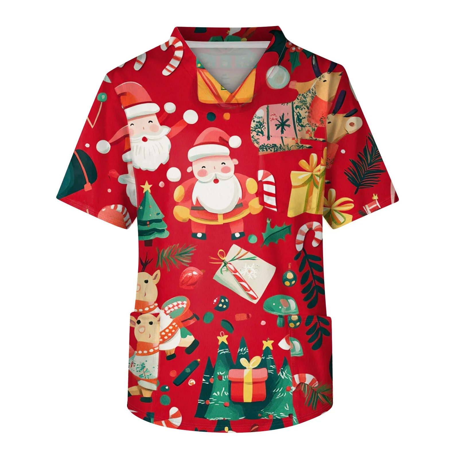 Christmas women's nurse uniform top with Santa Claus and reindeer pattern, V-neck veterinary nurse uniform shirt, nurse uniform
