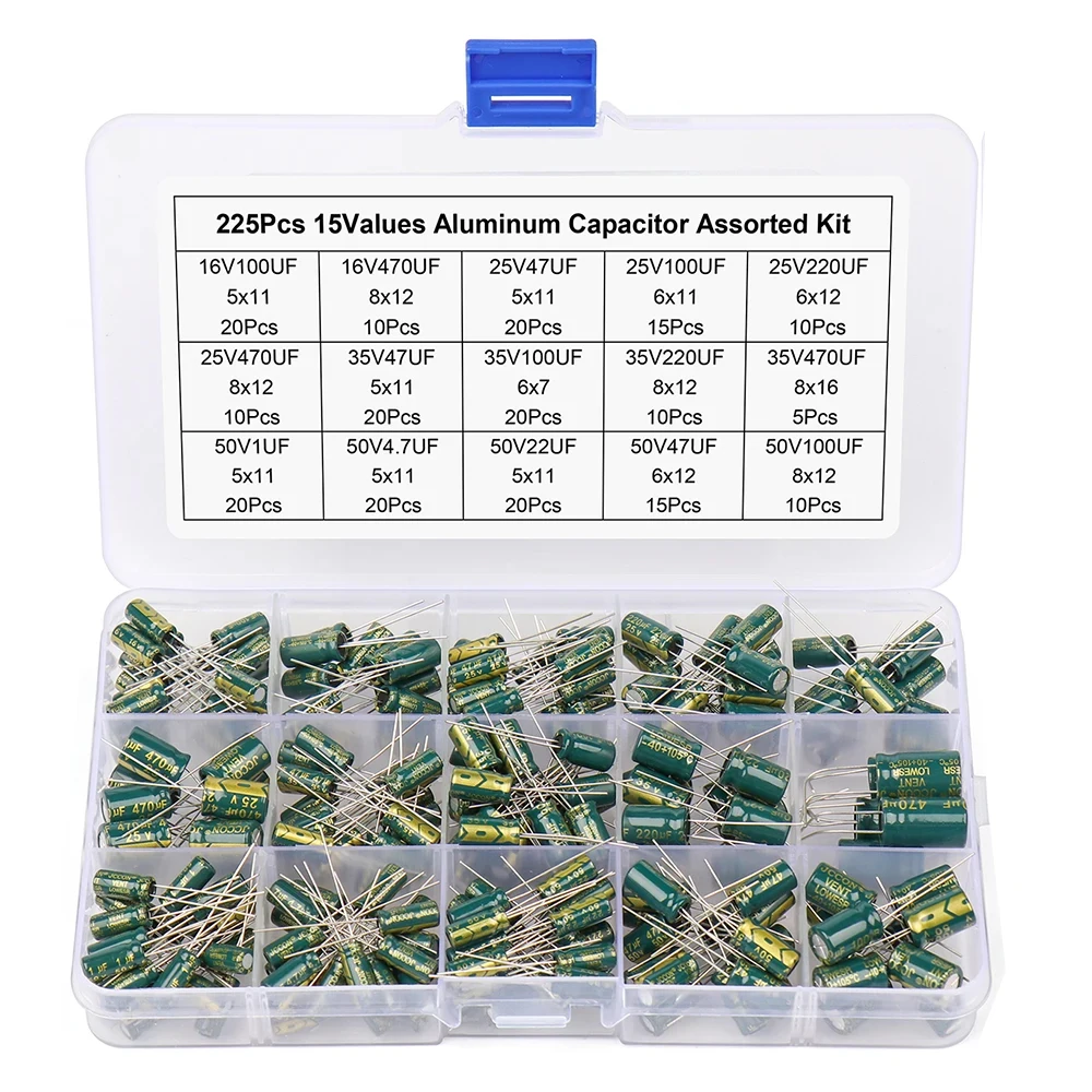 

225Pcs/Box Capacitor Kit DIP Aluminum Electrolytic Capacitors Set 15Values 16V-50V 1uF-470uF Assorted Kit Storage Low