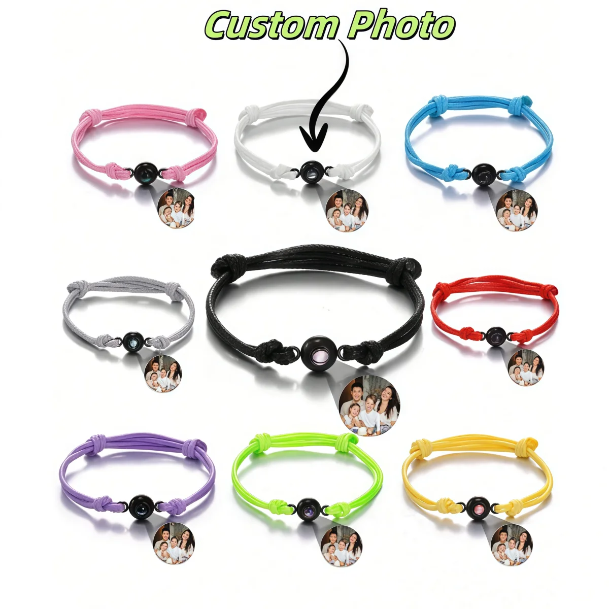 Custom Photo Projection Bracelet Round Bead Adjustable Braided Rope Bracelet Memory Gift for Women Men