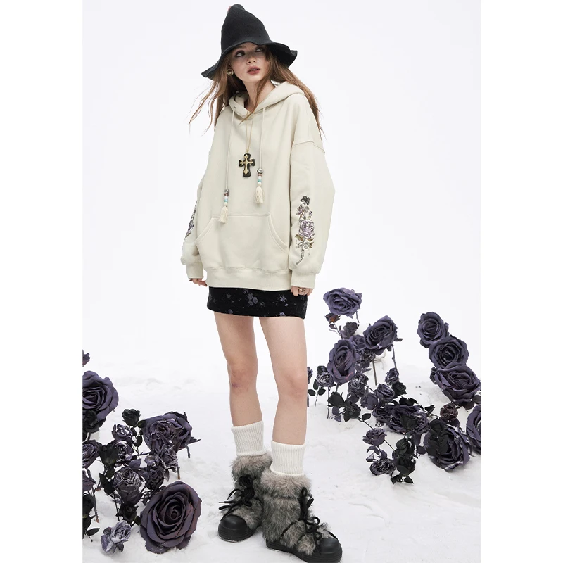 ELFSACK 2025, Winter-Neuheiten, Y2K, lässig, locker, solide, florale Grafik, Quaste, Kordelzug, Kapuzenpullover für Damen