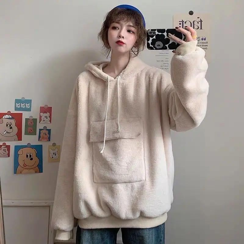 

Preppy Style Solid Pockets Hooded Sweatshirt Women Fashion Korean Loose Long Sleeve Hoodies Autumn Winter Warm Pullover Tops