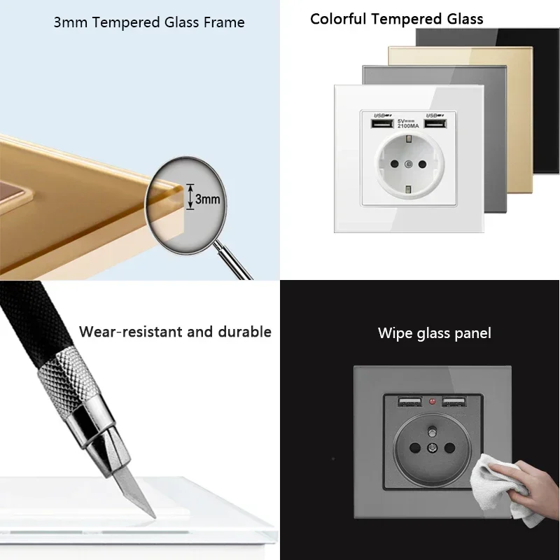 DepoGuye Wandsteckdose mit zwei USB-Steckdosen, 2,1 A, Schlafzimmersteckdose, 16 A Wandsteckdose, PC-Panel, Steckdose nach Spanien, Russland und EU