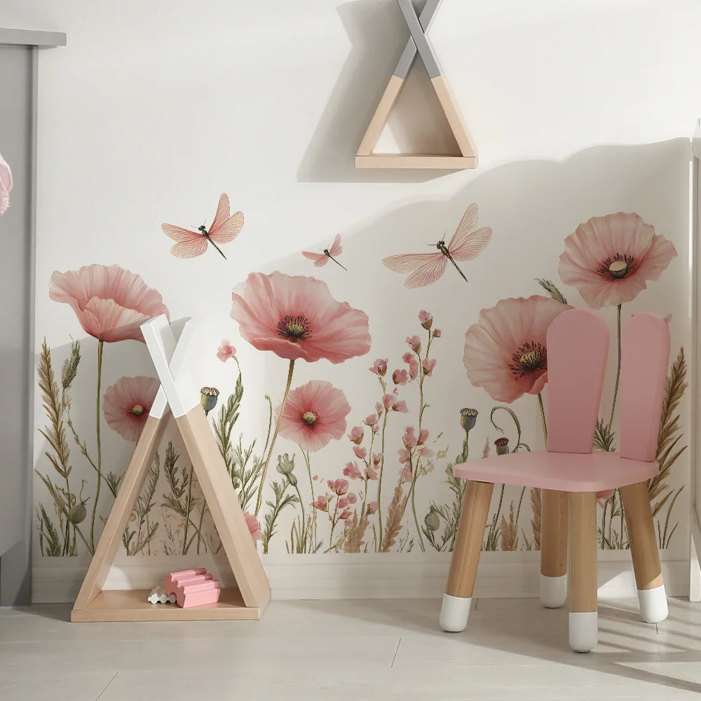 Pegatinas de pared de libélula con flores rosas de acuarela, decoración de fondo para sala de estar, Mural, dormitorio, decoración del hogar, calcomanías autoadhesivas