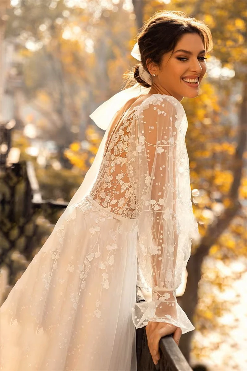 Vintage Long Sleeve Wedding Dresses Lace A Line Sparky Wedding Gown Boho Bride Dress Vestido de Noiva Customize