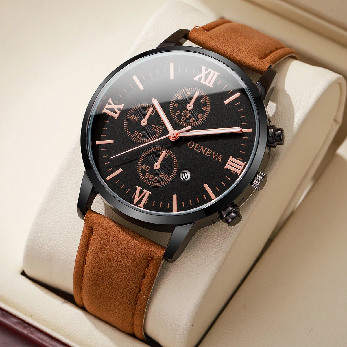 1PC Fashion Men's Casual Calendar Watch Men's Bussiness Temperament Leather Quartz Watch Unisex Watch Set (Box Not Included)