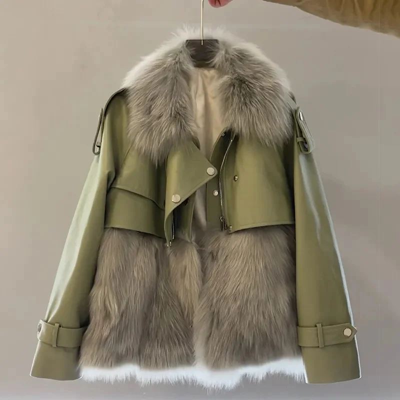 2023 Autumn/Winter New Fur Outcoat Women's Green Temperament Polo Collar Fur Coat Fashion Fur One Piece Female Top