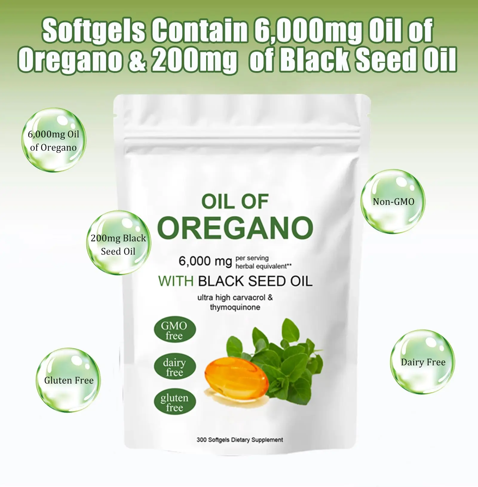 Oil of Oregano Softgels 2 in 1 6000mg Oregano Oil Supplement Capsules with Black Seed Oil 200mg, Non-GMO Gluten Free 300 Capsule