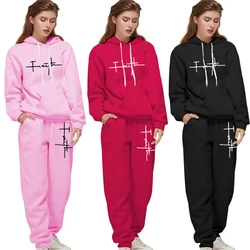 Women's Casual Tracksuit 2pcs Set Hoodie and Sweatpants Faith Printed Sportswear High Quality Ladies Home Outdoor Fashion Outfit