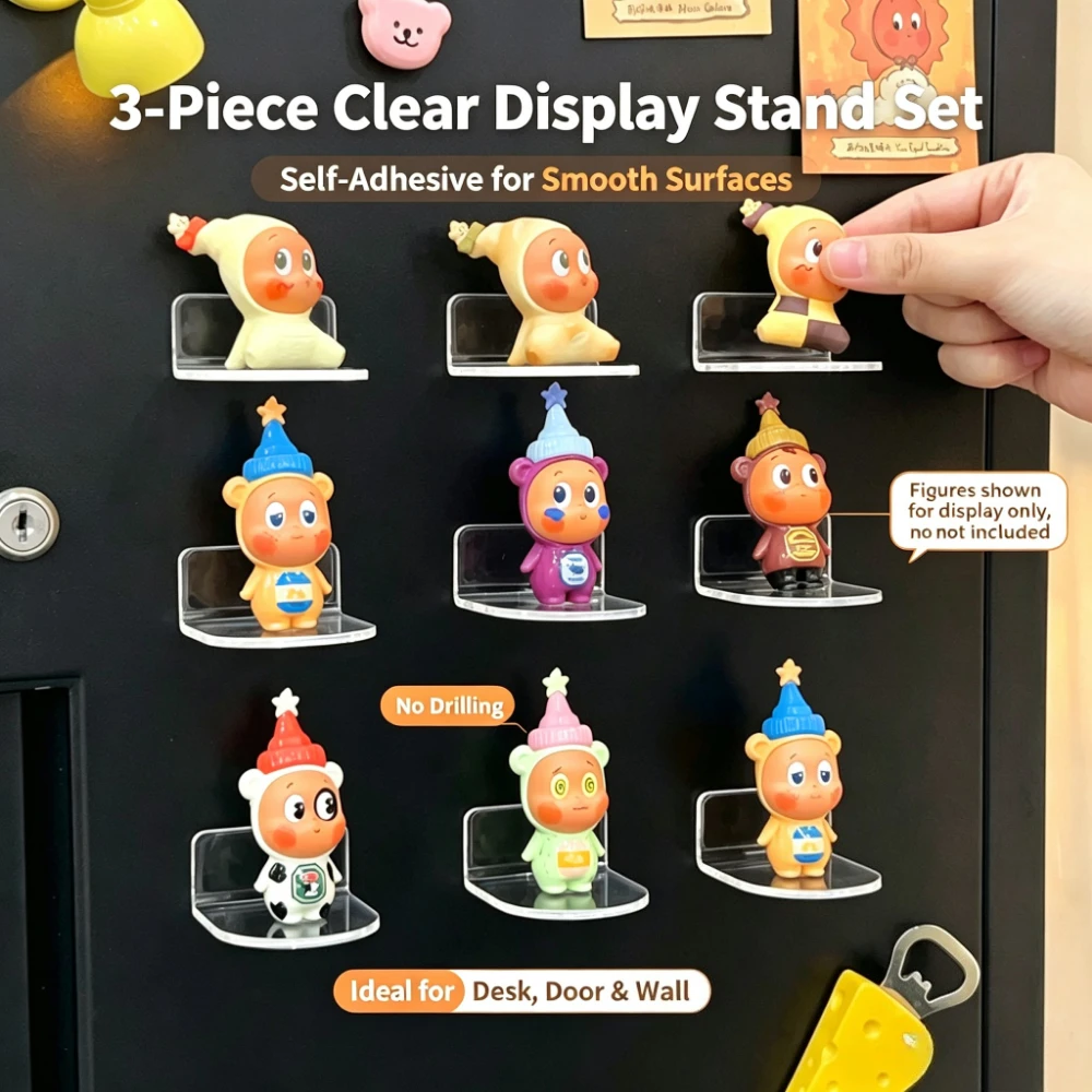 3‑Pack Acrylic Wall Display Stands, No‑Drill Self‑Adhesive Mini Floating Shelves, Wall Storage Racks for Blind Boxes, Figurines