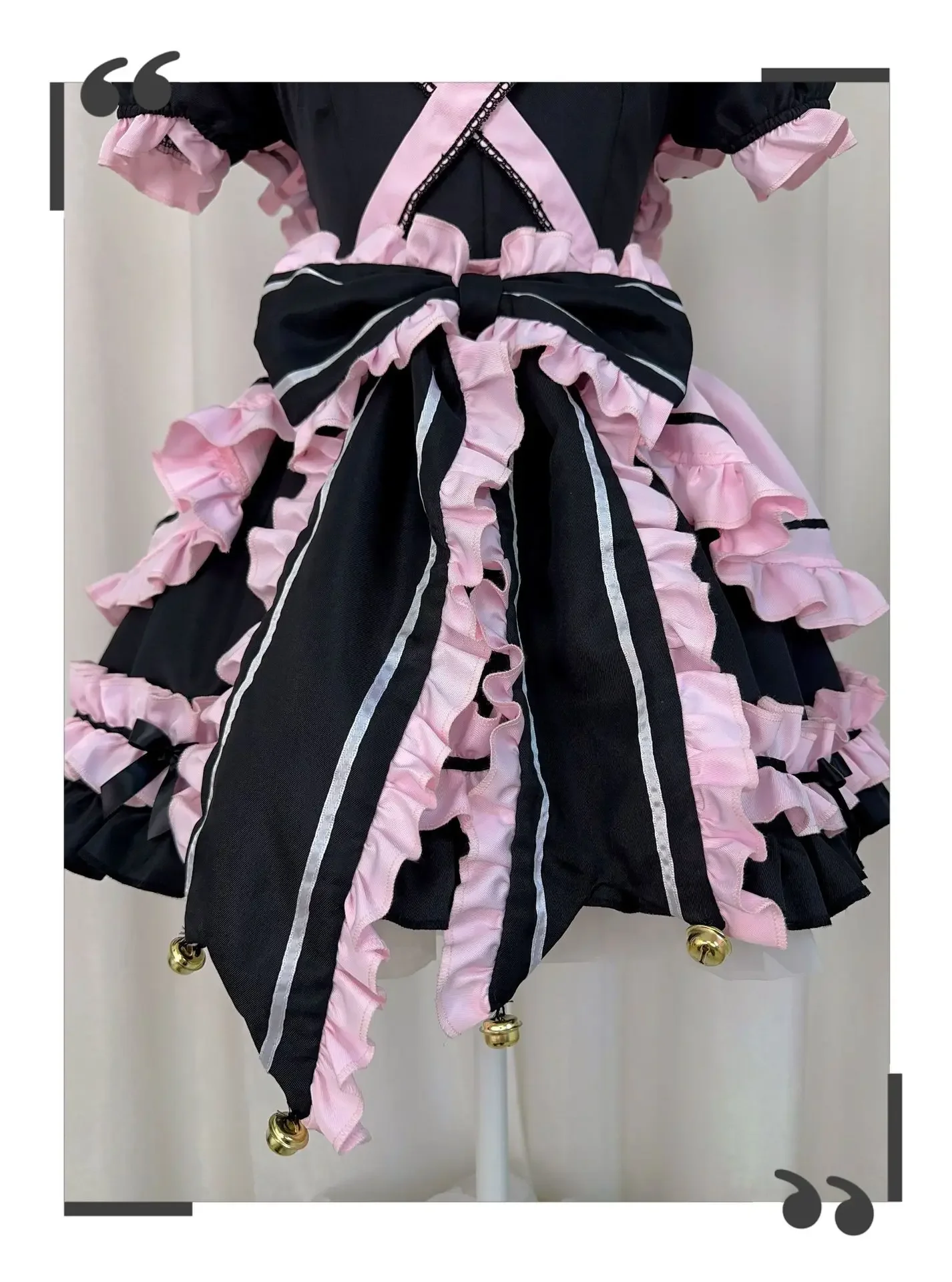 ゴシックロリータ-jsk-ボウメイドドレス-ピンクブラックフリル半袖、原宿キュートな猫コスプレ女の子用