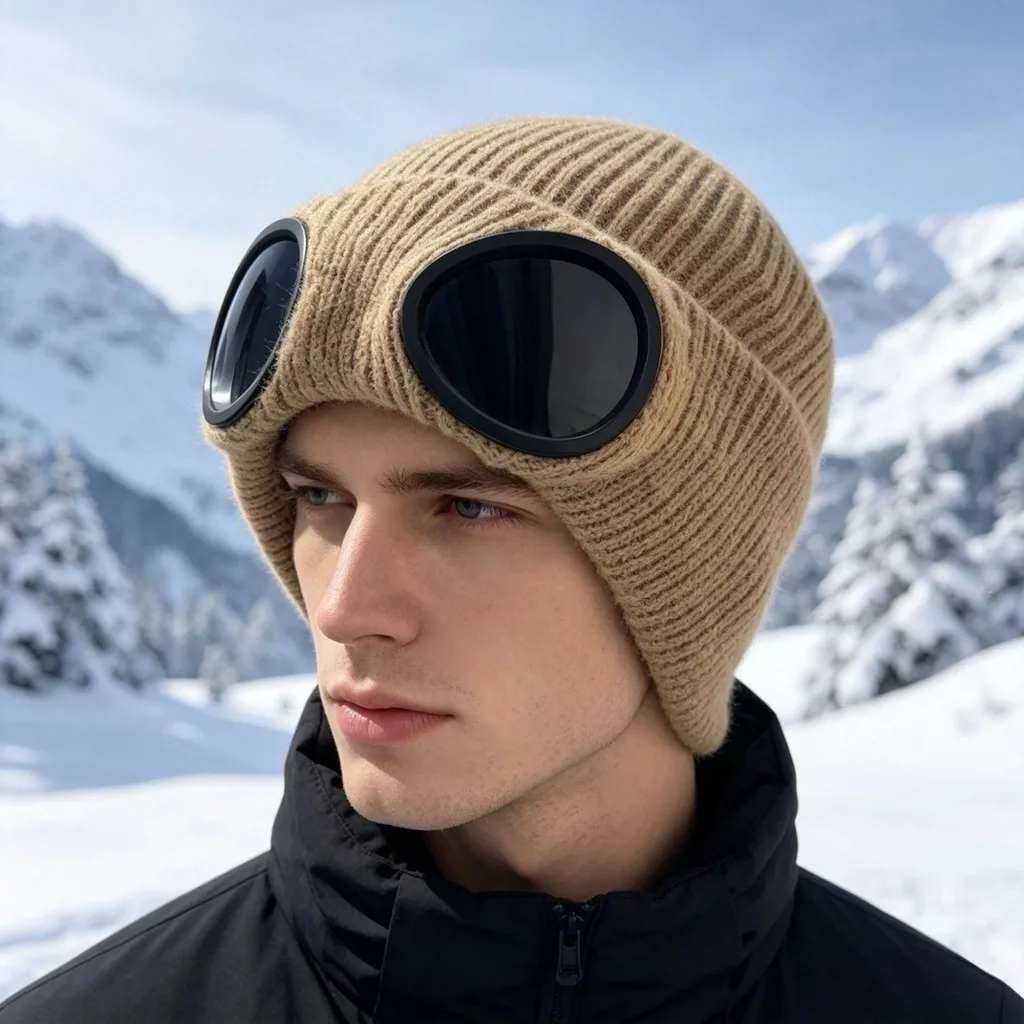 Detachable Goggles Beanie High Elastic Fleece Lined Beanie Windproof Hat Warm Knitted Beanie For Outdoor Skiing Cycling All Ages