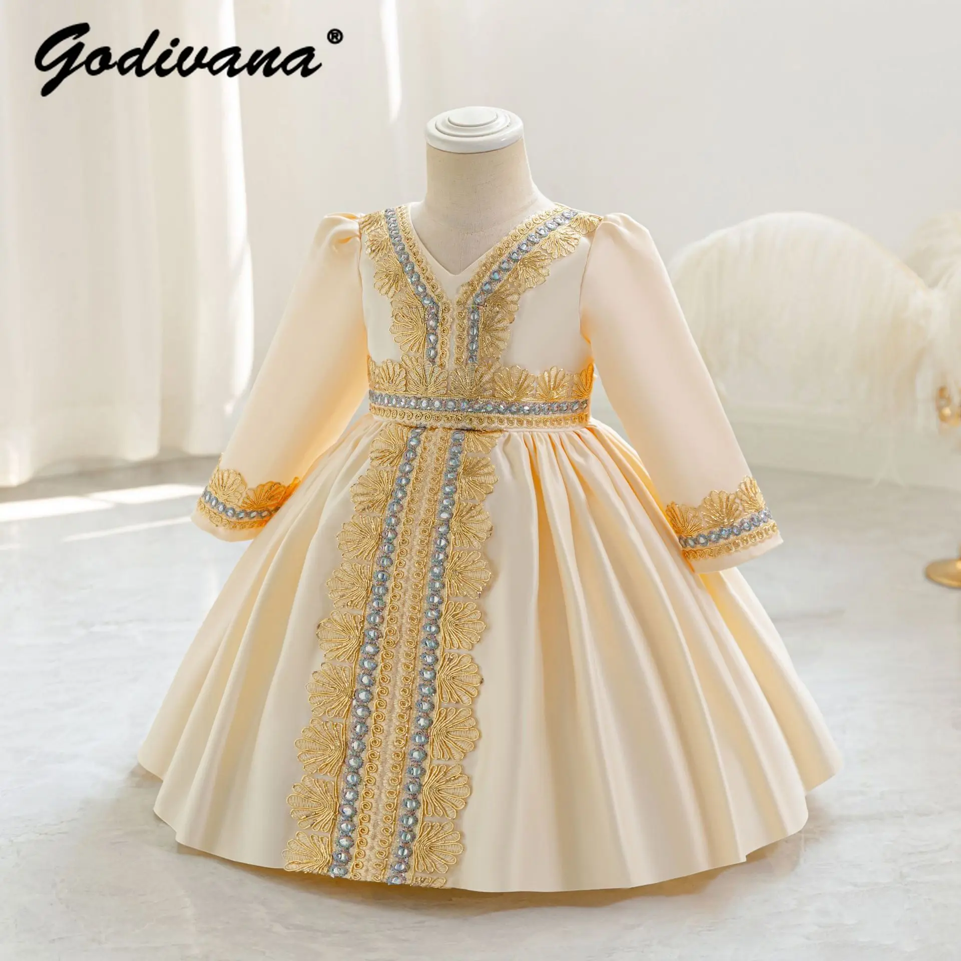 

Sweet Baby Girls Princess Dress Kids 2026 Spring New Long Sleeve Luxury Embroidery Evening Dresses Flower Girl Party Ball Gown
