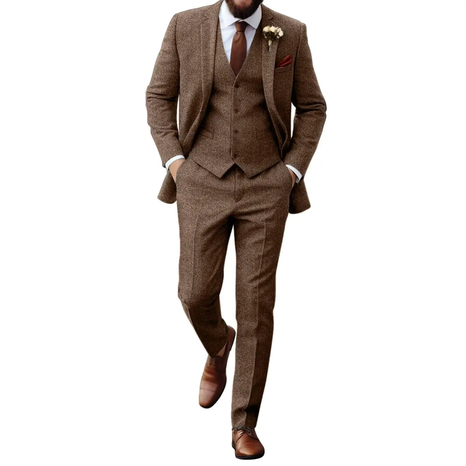 Brown/Gray 3 Pieces Mens Business Suits Wool Classic Herringbone Pattern Groom Tweed Tuxedos for Wedding (Blazer+Pants+Vest)