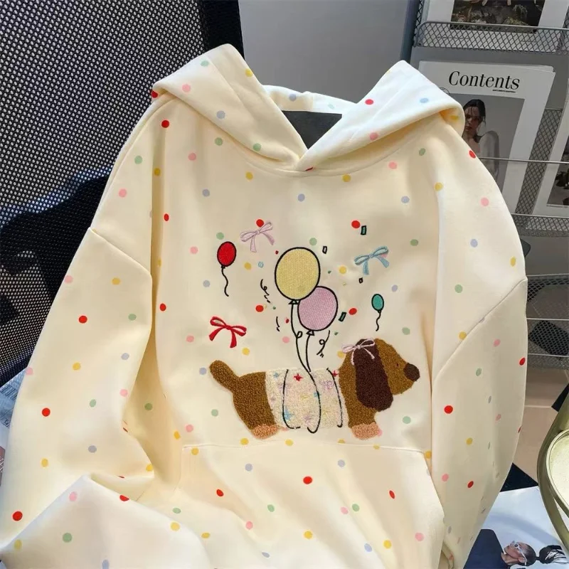 ダックスフント犬刺繍かわいい水玉模様ルーズフード付きスウェットシャツ韓国秋冬新作怠惰なカレッジスタイルベルベットジャケット