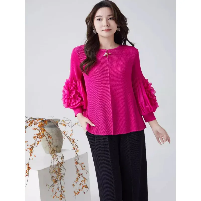 三宅プリーツ Tシャツ 2025 春服新しい気質エレガントな折り小さなシャツ薄い大きいサイズルーズプリーツトップス女性