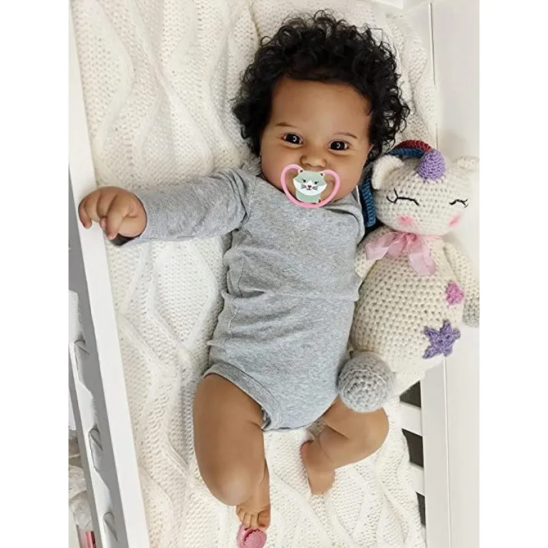 50 cm Reborn Puppe Schwarz Lockige Simulation Gummikörper Baby Waschbares Vinyl Kinderspielzeug