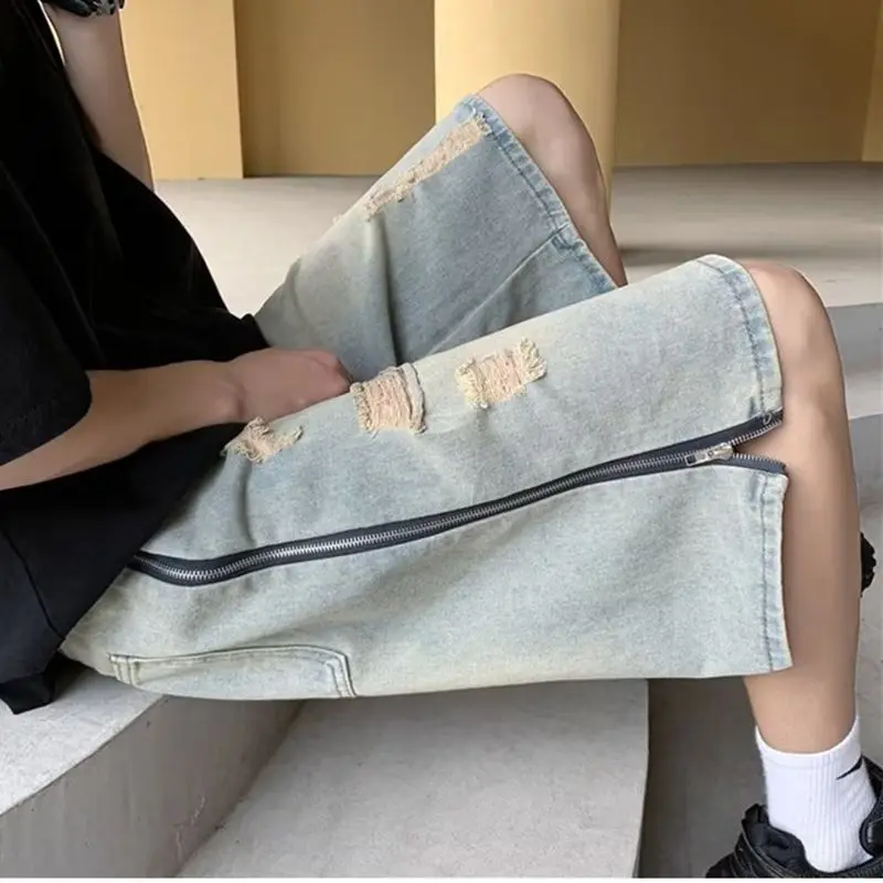 y2k Ripped Denim Shorts for Men Summer Ins korean Fashion Streetwear Hip Hop Loose Straight Jeans Shorts Men Cargo Denim Shorts