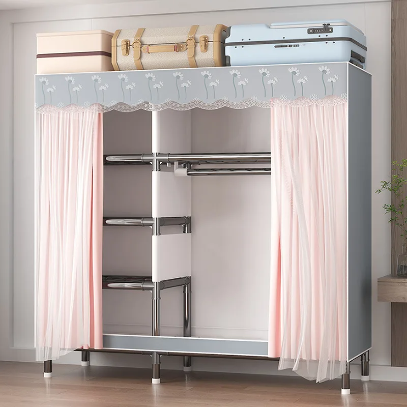 Simple Sturdy Cloth Wardrobe With Gauze Curtain Bedroom Clothes Storage Hanger Home Furniture Cabinet Easy Install Closet